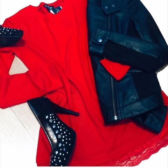 Citrus | Red Lace Hem Sweater - Picture 9 of 9